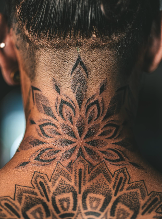Dotwork mandala neck tattoo by JB